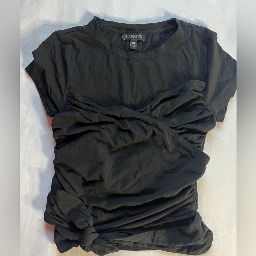 XS Express Women Top Black T-Shirt Drape Cross Wrap Front Back Tie Spring Summer